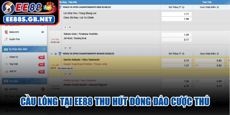 Cầu lông tại EE88 thu hút đông đảo cược thủ